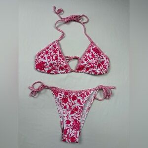 Pink White Floral Bikini Set Triangle Tie Side Swimsuit Small NWOT